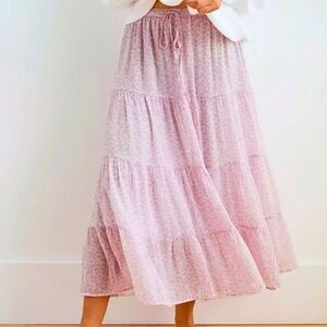 Aerie Leopard Print Tiered Maxi Skirt Size M Pink Chiffon Fairy Wilderkind Girly